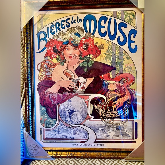NEW 'Bieres de la Meuse'By Alphonse Maria Mucha Framed Print Gold Carved Frame